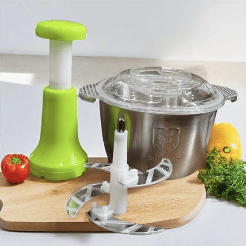 2L Stainless Steel Manual Food Chopper Hand Push, 4-Blade Cutter