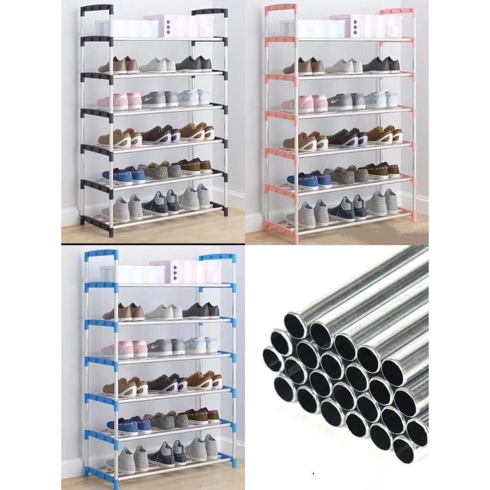 Steel pipe shoe rack with PP plastic connectors and rack components